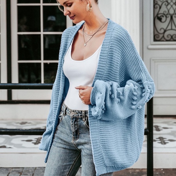 sky blue pom pom knit lantern sleeve cardigan swea - Picture 5 of 10